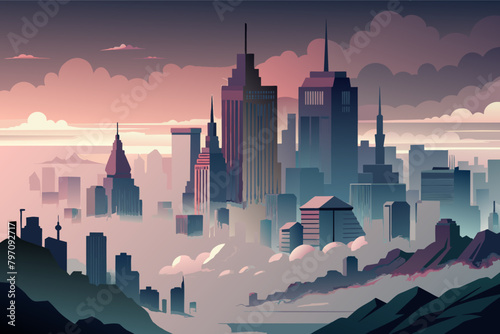 A fog-covered city skyline, the towering buildings barely visible through the dense mist