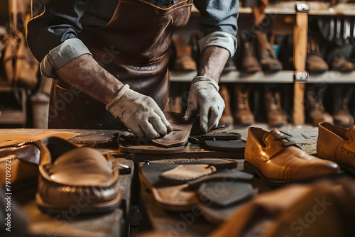 Man making shoes from leather material in a workshop. Concept Leathercraft, Shoemaking, Handcrafting, Artisan Workshop, DIY Projects photo