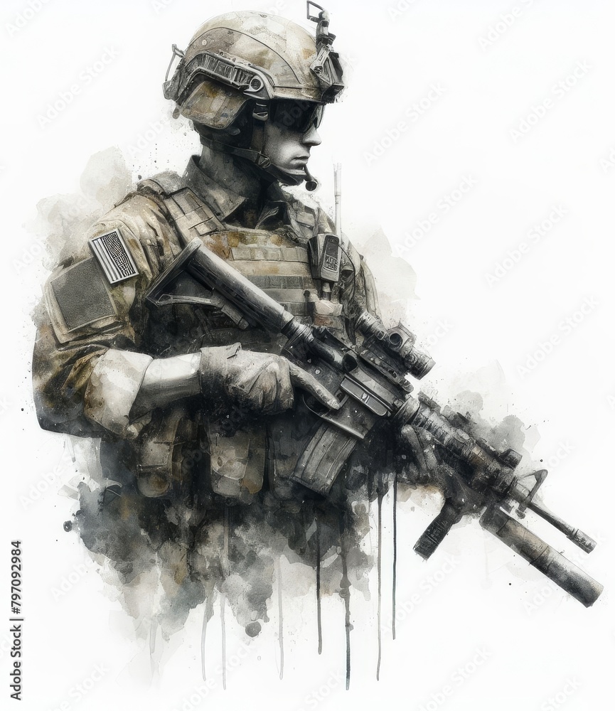 Silhouette of army soldier with weapon.
Silhouette of army soldier with weapon.