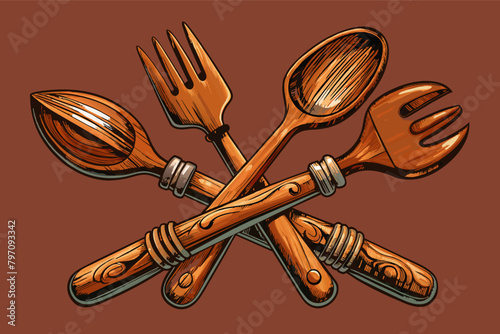 A detailed and realistic drawing of cutlery made from wood