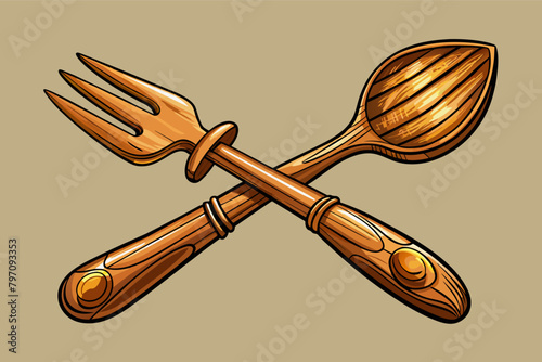 A detailed and realistic drawing of cutlery made from wood