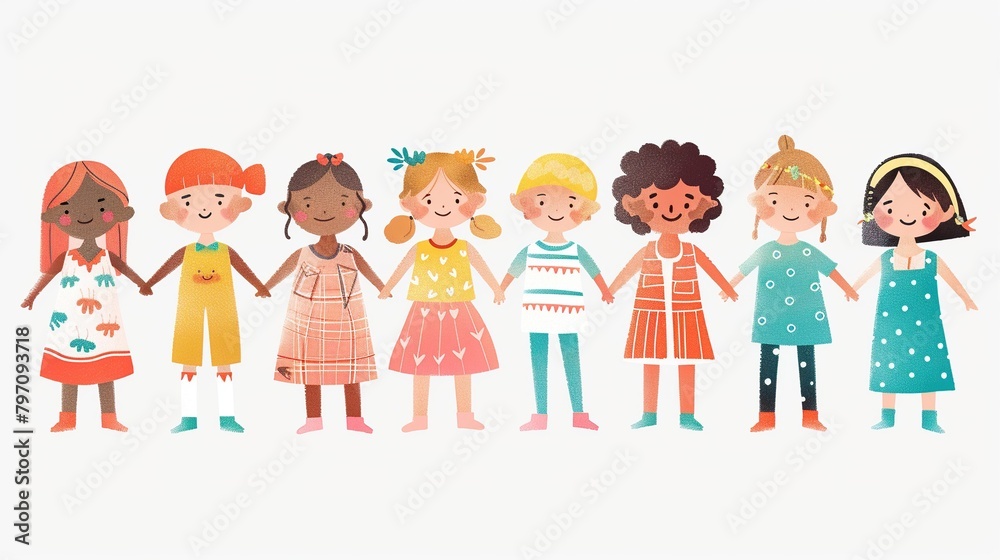 Adorable friends: Diverse children holding hands. White background. Adorable friends: Diverse children holding hands. White background.