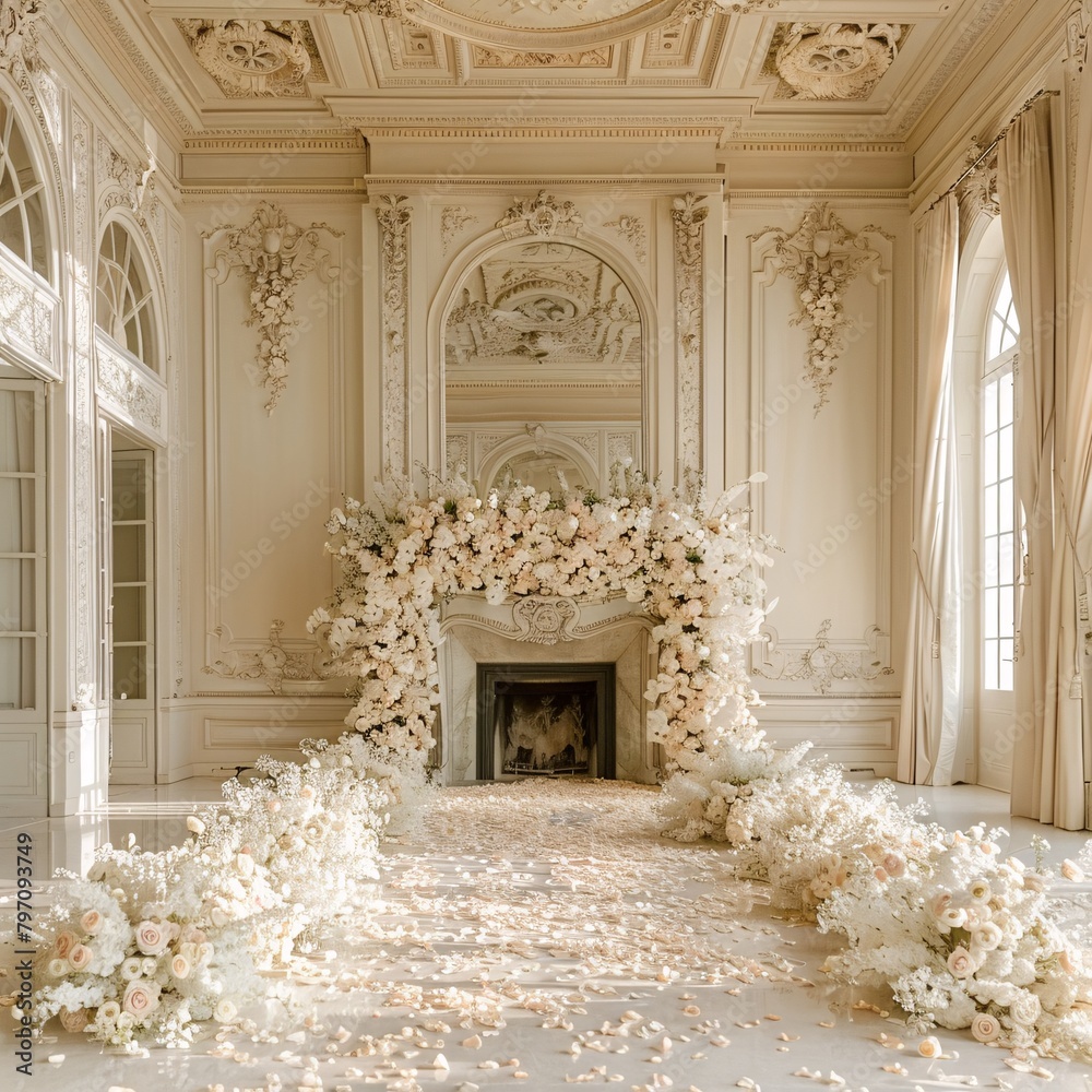 a white room with white flowers and a fireplace