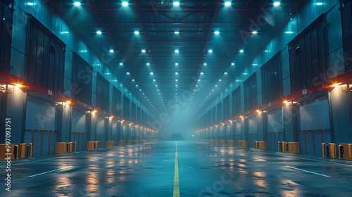 In a modern warehouse there is a ceiling with bright lamps. The picture reflects bright light and a large space for trade, storage, and commercial activities. photo