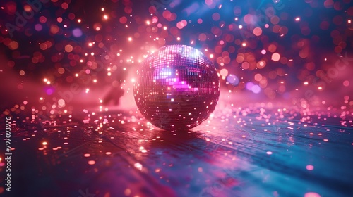 a disco ball is sitting on a shiny surface with a blurry background of lights
