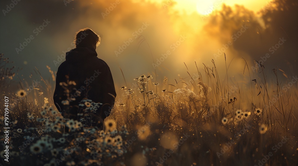 a person standing in a field of flowers at sunset