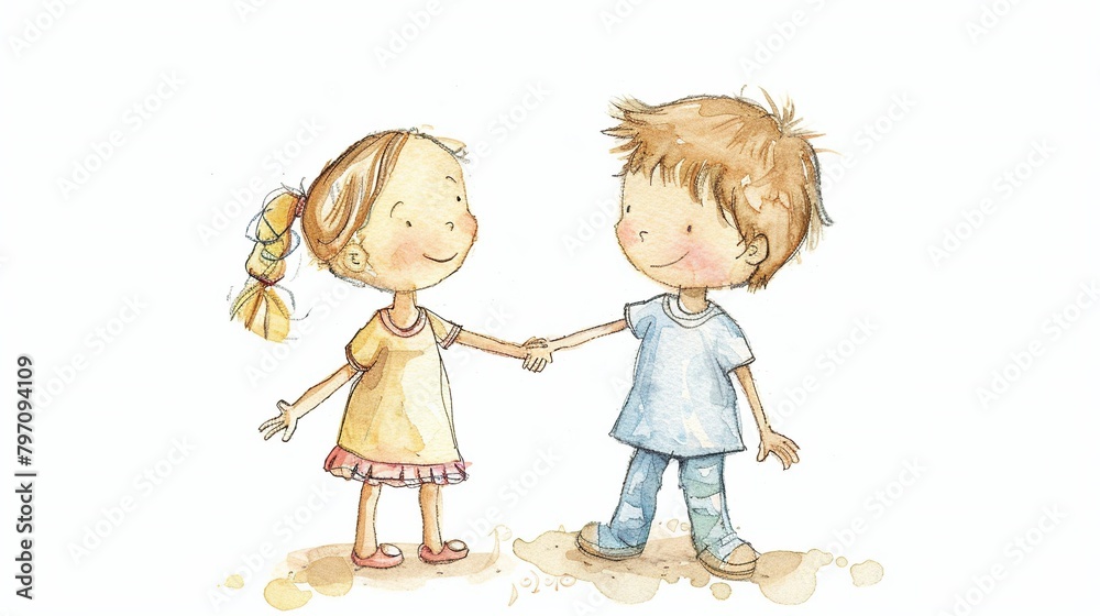 Watercolor: Two cute kids holding hands. Pure connection. Watercolor: Two cute kids holding hands. Pure connection.