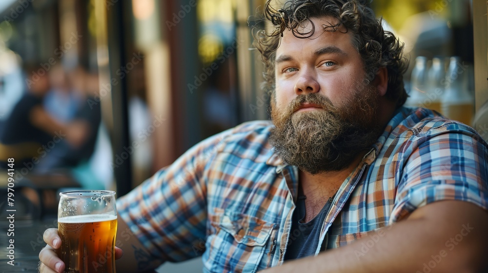 a man with a beard sitting at a table with a beer in his hand