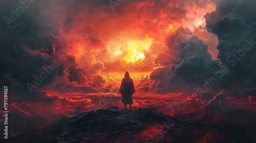a person standing on a hill in front of a sunset with clouds