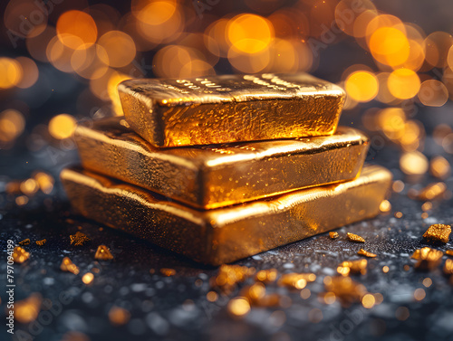 Stack of gold bars on dark surface with shimmering bokeh effect. Wealth and investment concept. Suitable for finance-related design and print, such as banners and brochures