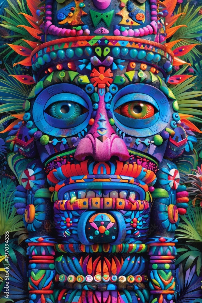 Fototapeta premium A colorful painting of a tiki mask on top of plants, AI