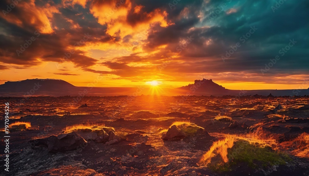 lava field under sunset clouds on background