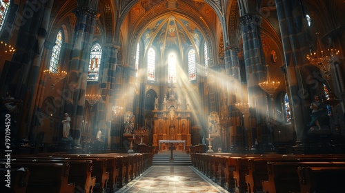 a church with a large alter and a light streaming through the windows and the floor is covered in sunlight..