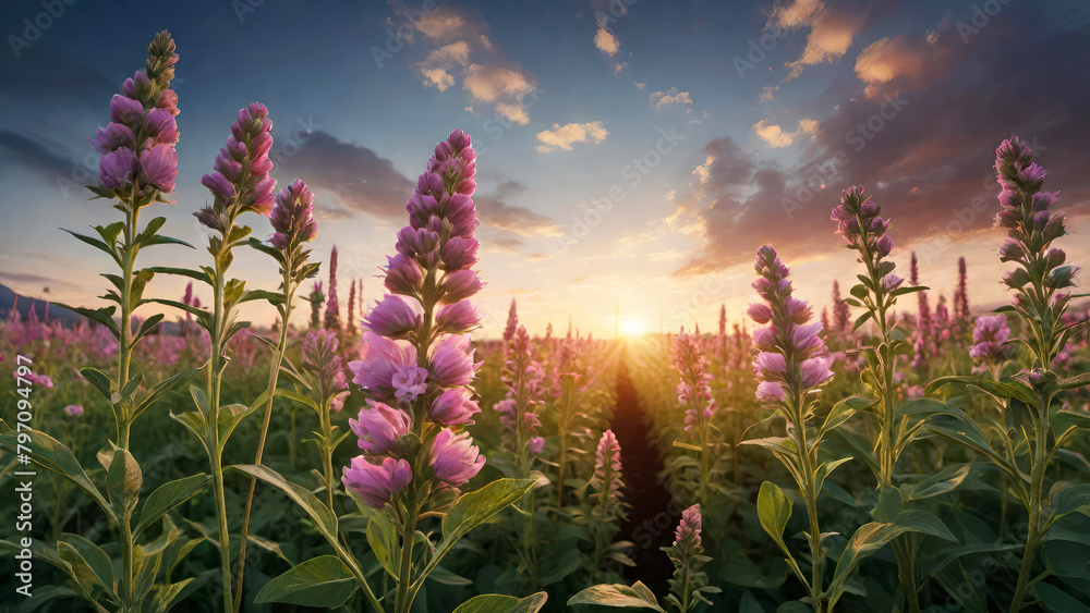 Obraz premium Alfalfa blooming field at sunset time.Medicago sativa flowers on the farm close-up.Generative AI