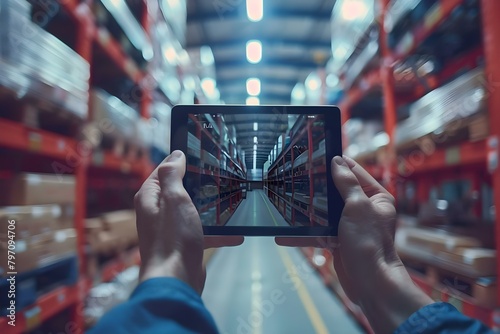 Worker uses AR tablet to manage automated retail warehouse operations efficiently. Concept AR Technology, Retail Warehouse, Efficient Operations, Automated Management, Worker Productivity