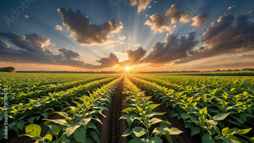 Soybean field with rows of green soya bean plants at sunset.Agricultural industry farm groving genetically modefided food on field.Generative AI photo