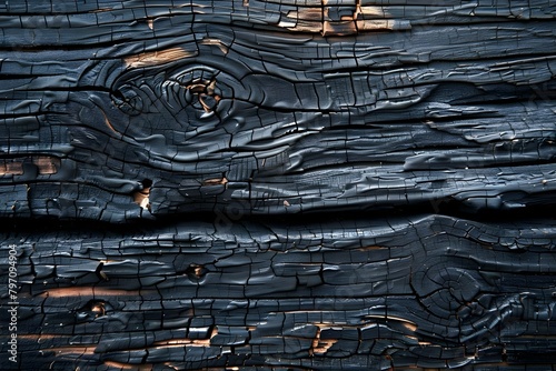 Charred wood texture background with abstract pattern of dark scorched timber. Concept Wood Texture, Charred Background, Abstract Pattern, Dark Scorched Timber photo