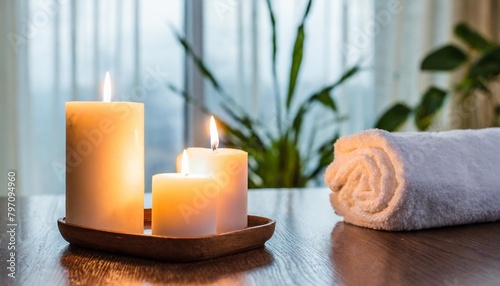 burning candles white towel and aroma sticks on table with blurry window curtain background