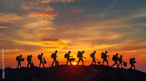 a group of people with backpacks walking up a hill at sunset