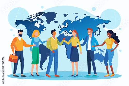 A diverse group of people stand on a world map, holding hands, showcasing global business collaboration.