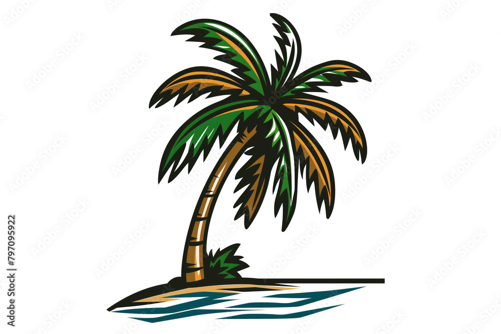 Palm tree and waves. Travel icon isolated on white background