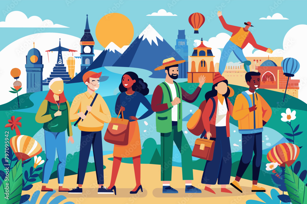 A diverse group of travelers exploring a foreign country A diverse group of travelers exploring a foreign country