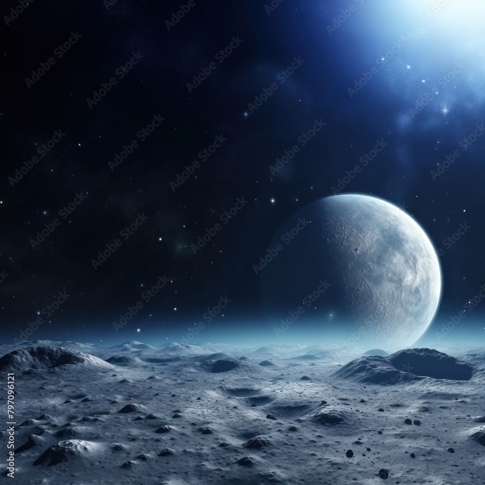 3d illustration of Moon surface with distant Earth and starfield.
