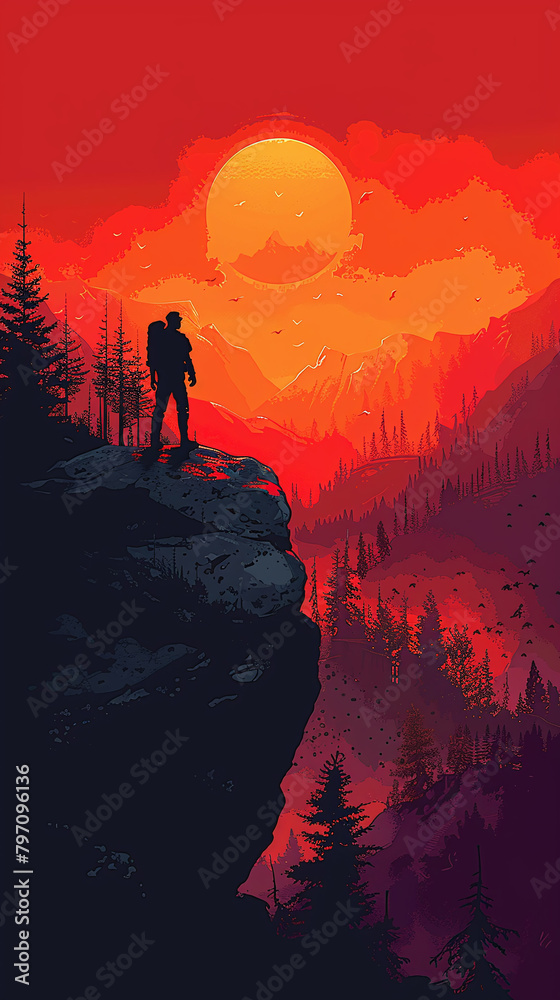 Fototapeta premium illustration silhouette of a person at mountains on a rock