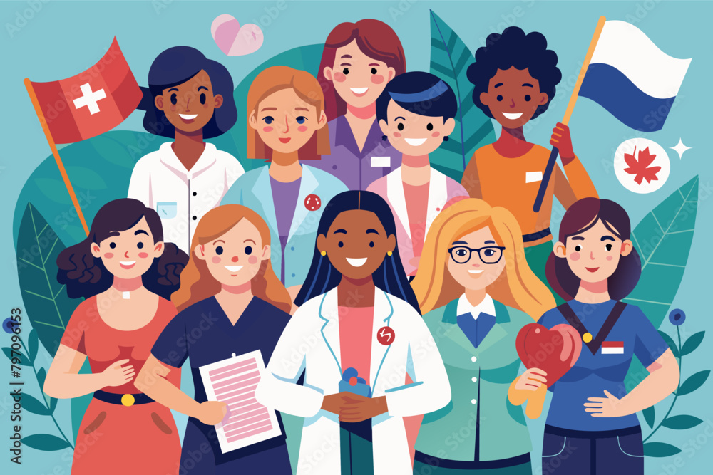A diverse group of women from various professions standing together, each holding a flag with a symbol representing their field. A diverse group of women from various professions standing together, each holding a flag with a symbol representing their field.