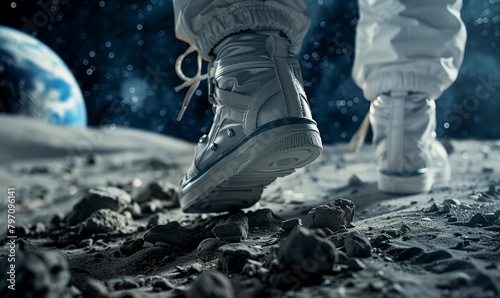 A close-up view of an astronaut's shoes walking on the lunar surface, symbolizing humanity's return to the space race. You can see the Earth in the background.