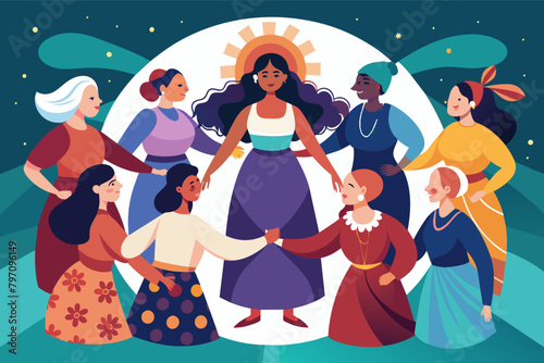 A diverse group of women from various historical periods, holding hands in a circle, symbolizing unity and progress.