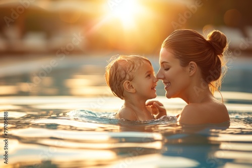 Child swimming in a pool playing water sports fun family vacation children mom dad childhood memory experience happy leisure summer activity smiling cheerful sport splashing swim joy action resort © Yuliia