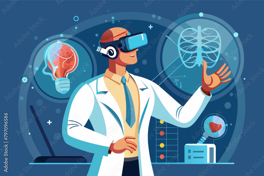 A doctor wearing a virtual reality headset examines a holographic human anatomy model. A doctor wearing a virtual reality headset examines a holographic human anatomy model.