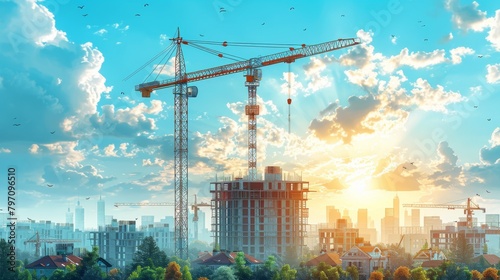 A blue sky with clouds, tower cranes, and a skyline of industrial buildings.