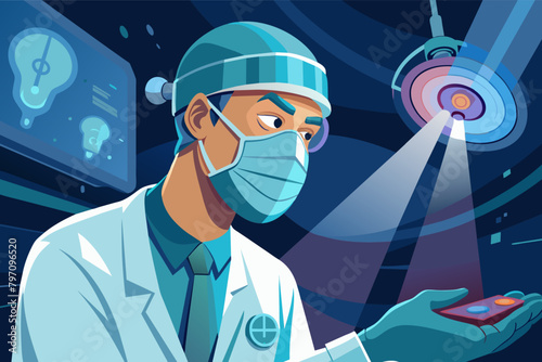 A doctor, wearing a surgical mask and headlamp, performs a delicate operation with a holographic anatomical overlay.