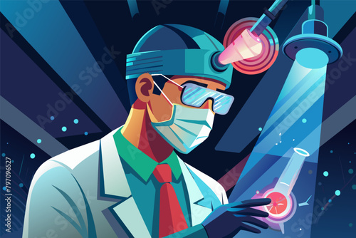 A doctor, wearing a surgical mask and headlamp, performs a delicate operation with a holographic anatomical overlay.