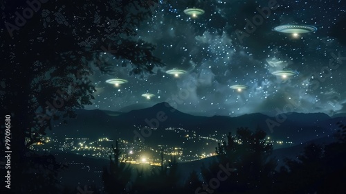 A serene view of a night sky with mysterious lights and unidentified flying objects for World UFO Day.