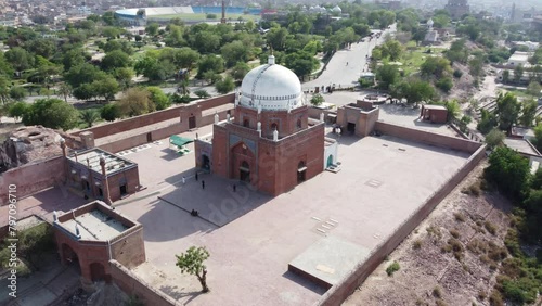Aerial view of Baha-ud-din Zakariya Shrine  (c.1170 – 1262), Located In Multan, Pakistan 4k Footage - also known as Baha-ul-Haq and Bahauddin Zakariya Multani, was a Sunni Muslim scholar saint photo