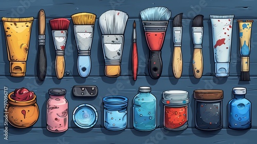 Brushes and Painting Related Modern Line Icons. Includes Spray, Color palette, Paint Bucket and more photo