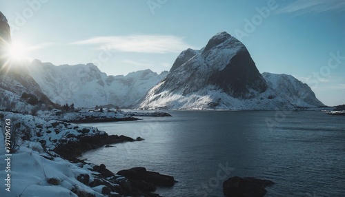 view of the fjords landscape in wintertime on lofoten islands scandinavia norway