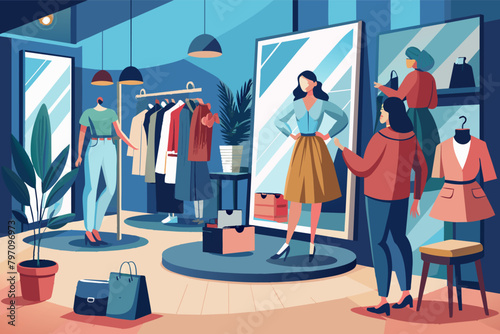 A dressing room mirror in a boutique, reflecting the transformation of shoppers trying on new outfits