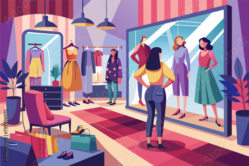 A dressing room mirror in a boutique, reflecting the transformation of shoppers trying on new outfits