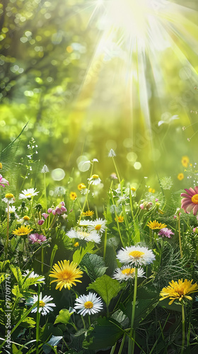 meadow with natural wild simple flowers with sunrays from sky