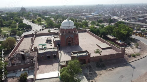 Aerial view of Baha-ud-din Zakariya Shrine  (c.1170 – 1262), Located In Multan, Pakistan 4k Footage - also known as Baha-ul-Haq and Bahauddin Zakariya Multani, was a Sunni Muslim scholar saint photo