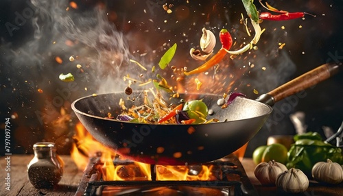 freeze motion of wok pan with flying ingredients in the air and fire flames