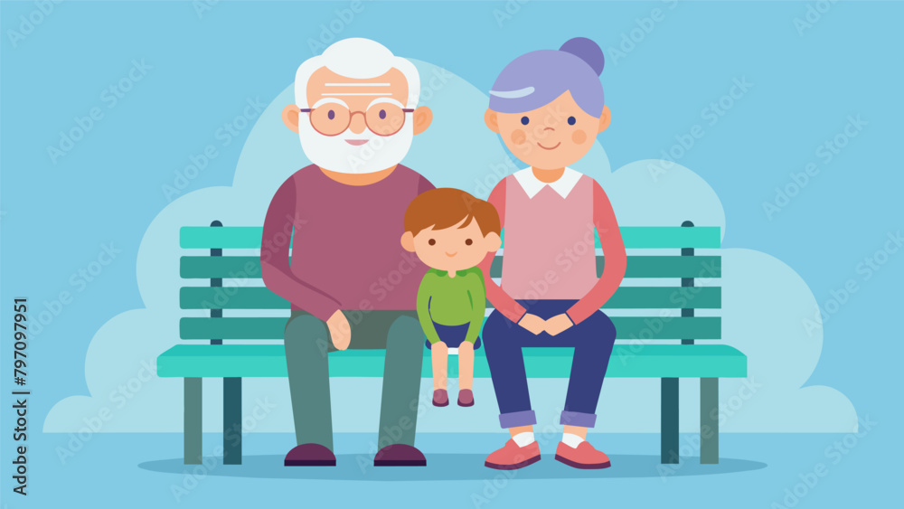 An illustration of a child sitting on a bench next to an elderly person with the words we are all family above them showcasing the freedom to foster. Vector illustration An illustration of a child sitting on a bench next to an elderly person with the words we are all family above them showcasing the freedom to foster. Vector illustration