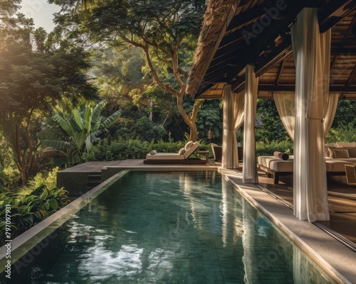 A beautiful infinity pool in a tropical setting with a view of the jungle. © Nawarit