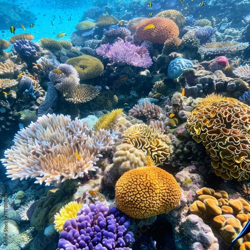 A beautiful underwater image of a coral reef with many different types of coral and fish.