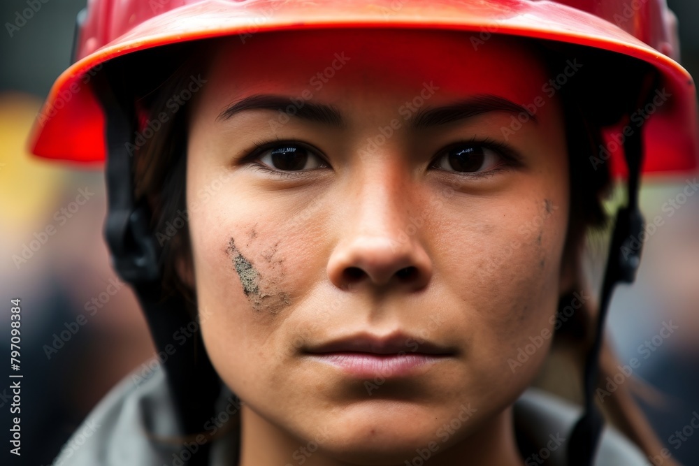 Portrait of a Determined Female Firefighter with Helmet Portrait of a Determined Female Firefighter with Helmet