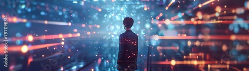 A boy standing in a city with a futuristic background
